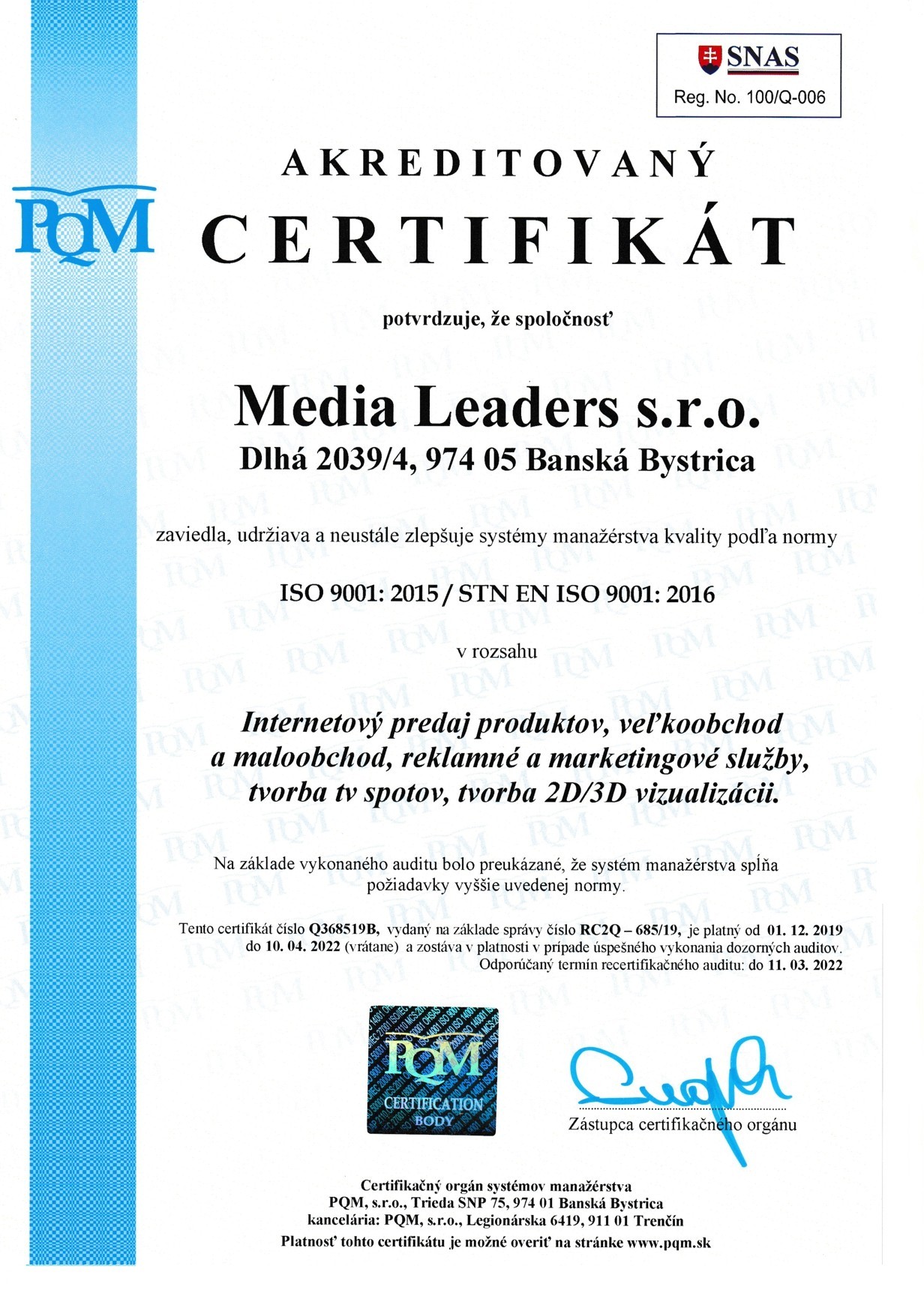 certificato iso 9001 media leader sro