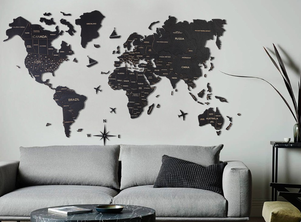 mappa di viaggio del mondo sul muro di colore nero
