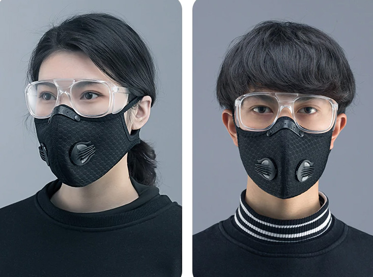 occhiali protettivi con maschera contro il virus corona