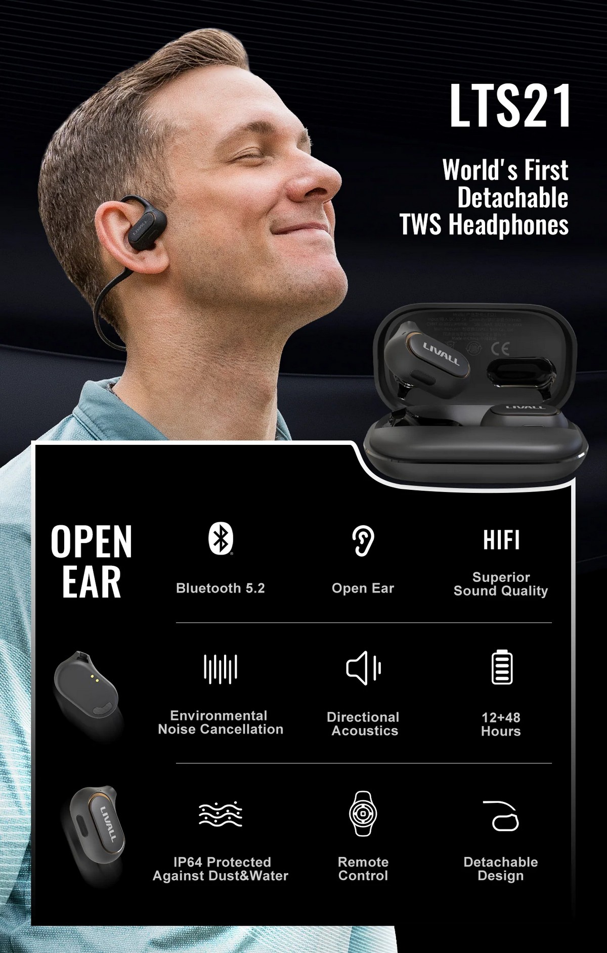 Cuffie sportive wireless con bluetooth - design open-ear staccabile