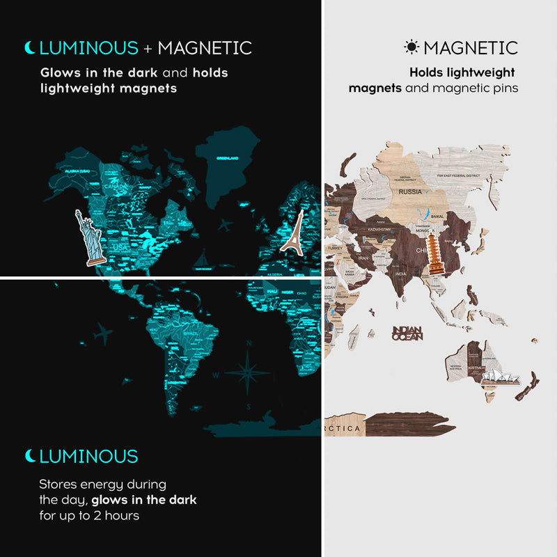 Mappa fluorescente in legno magnetico 3d