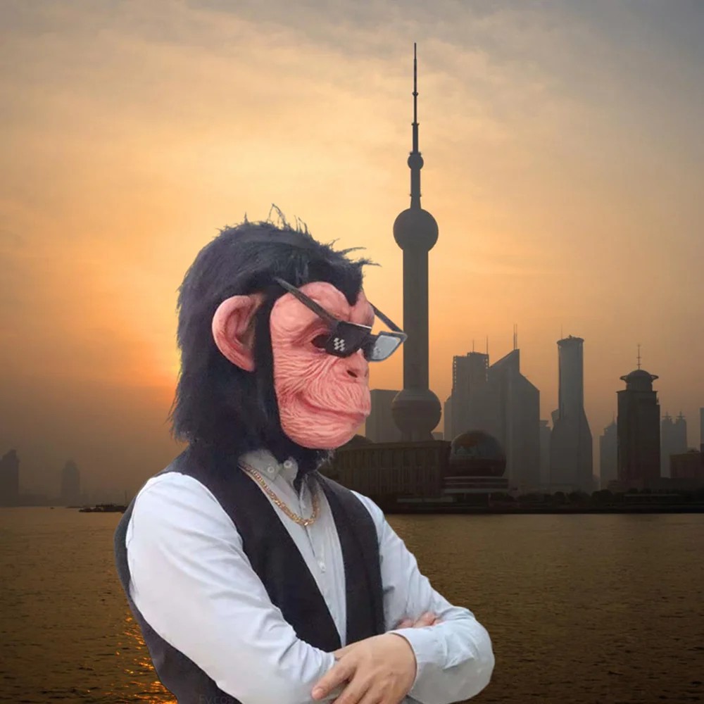 Maschera per la testa del viso della scimmia scimpanzé in lattice di silicone