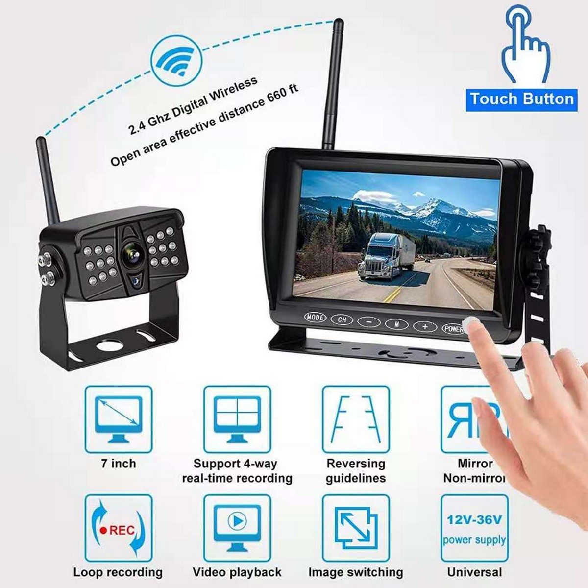 sistema di telecamera per retromarcia wireless con set di monitor per furgoni e camion