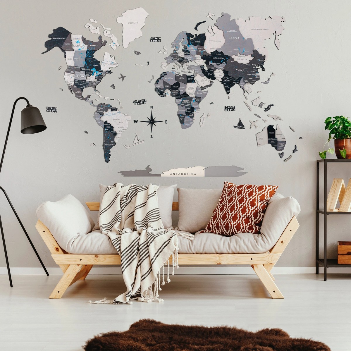 mappa murale del mondo in legno