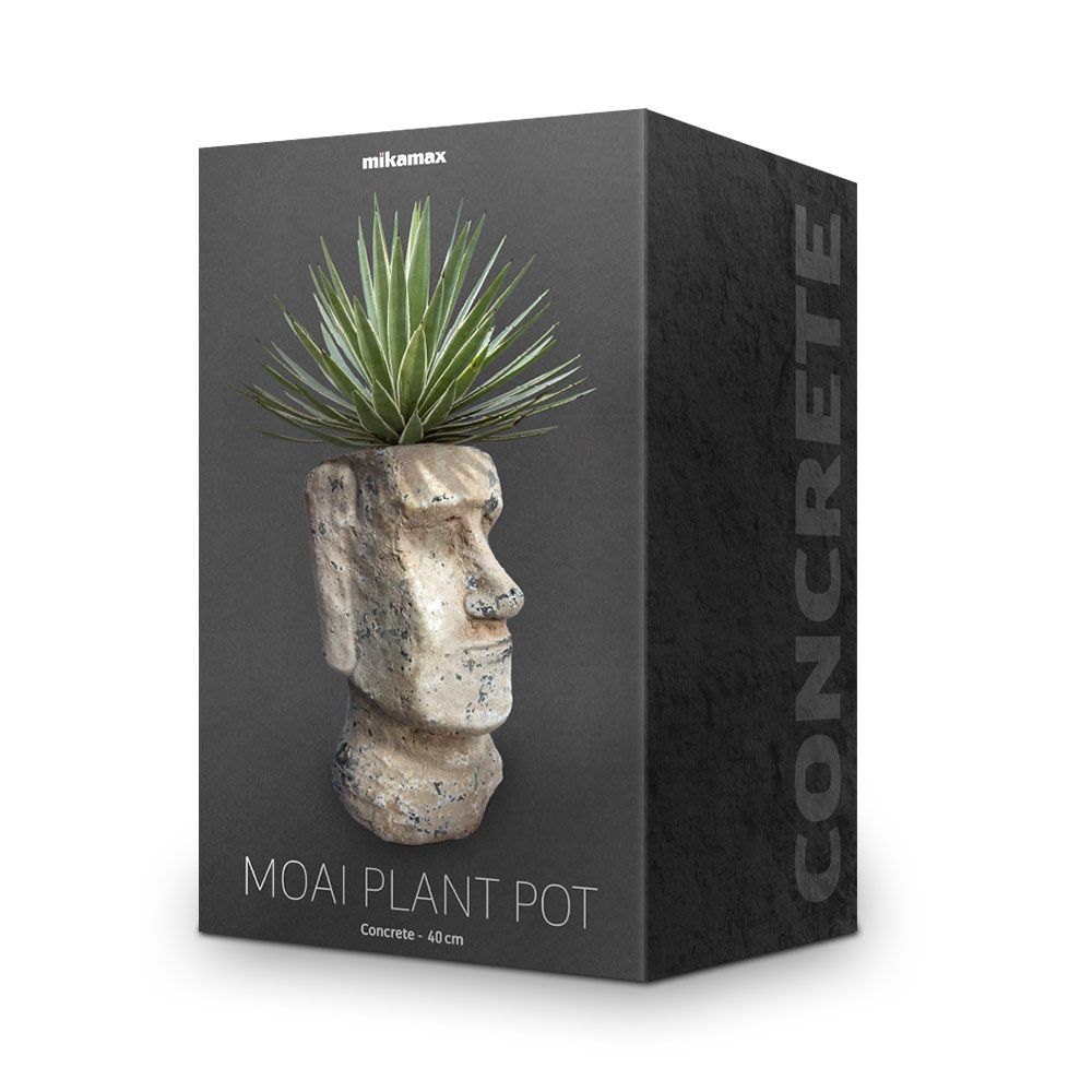 Un vaso da fiori a forma di testa di moai realizzato in cemento di pietra