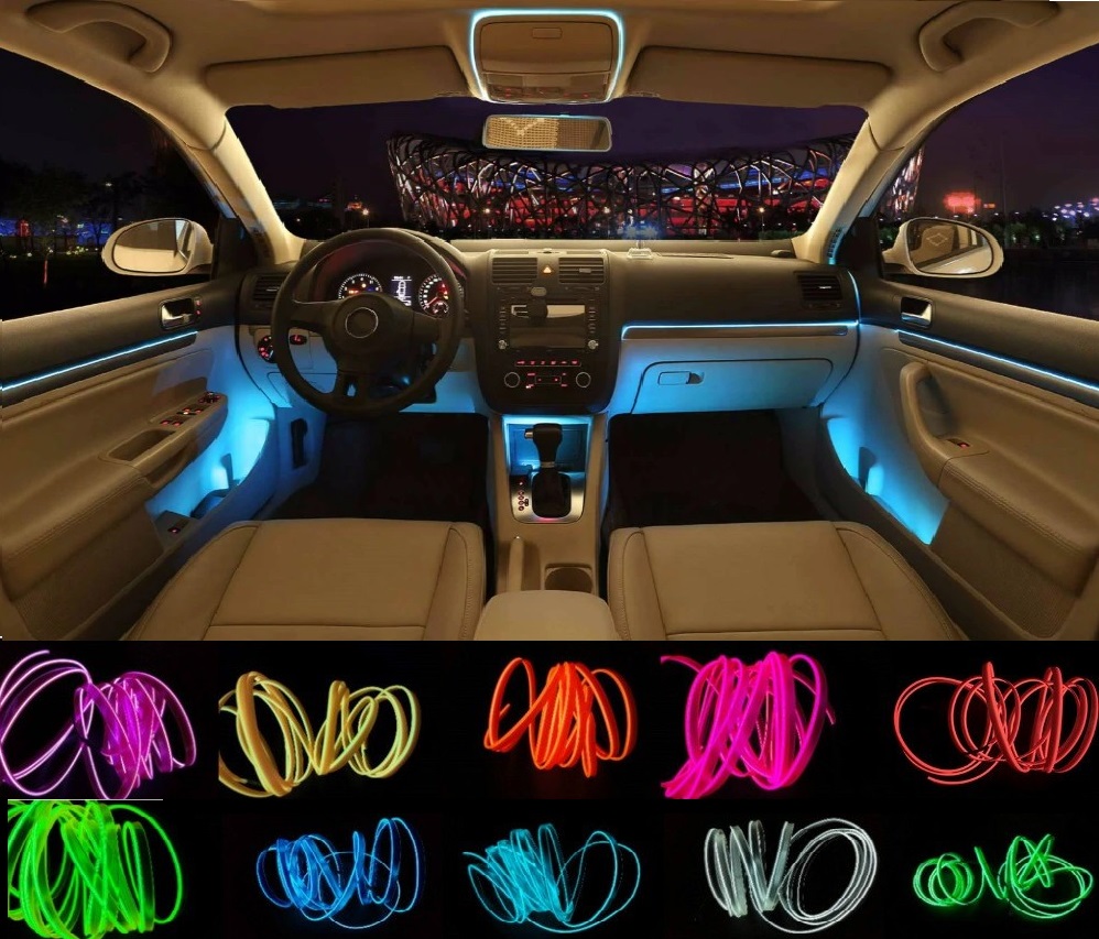 Rosso Fili leggeri per auto 2M/6FT USB Neon El Wire 5V LED Luci fredde Luci a corda flessibile Lampade automatiche per decorazioni per auto da matrimonio 