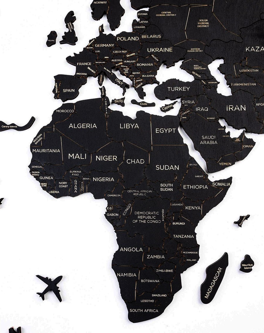 Mappa murale continenti in legno di colore nero