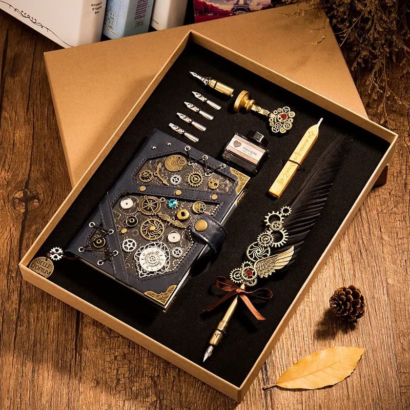 Taccuino Steampunk + tuffo penna piuma - esclusivo set di penne regalo di lusso