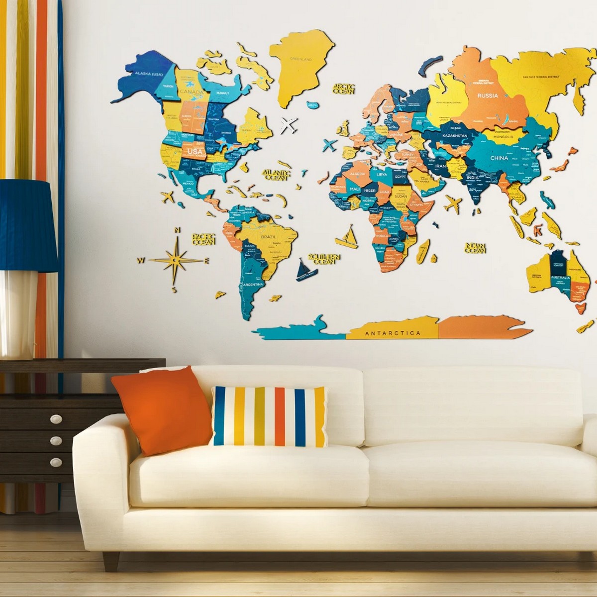 mappa a colori sulla parete in legno 3d