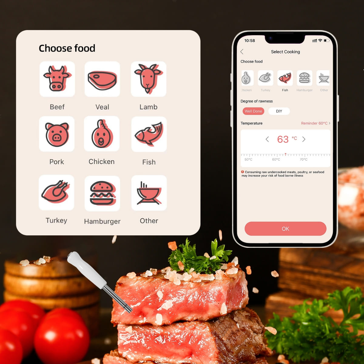 Termometro per grigliare carne - supporto bluetooth fino a 100 m (app mobile)