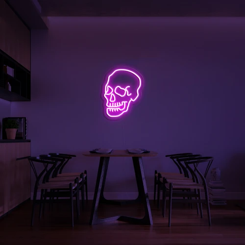 Logo al neon 3D luminoso su una parete del cranio