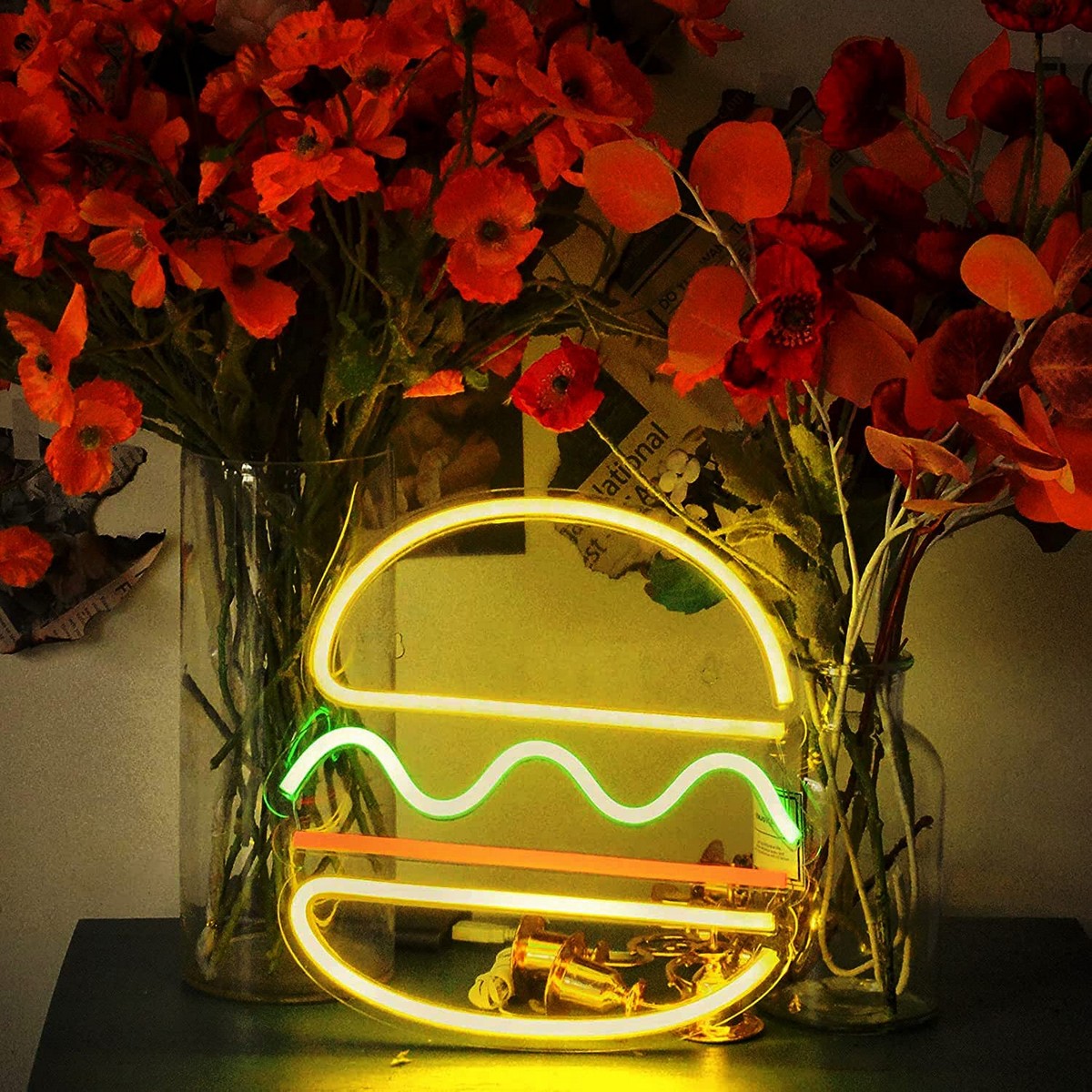 lavagna luminosa al neon del ristorante con logo luminoso - hamburger hamburger