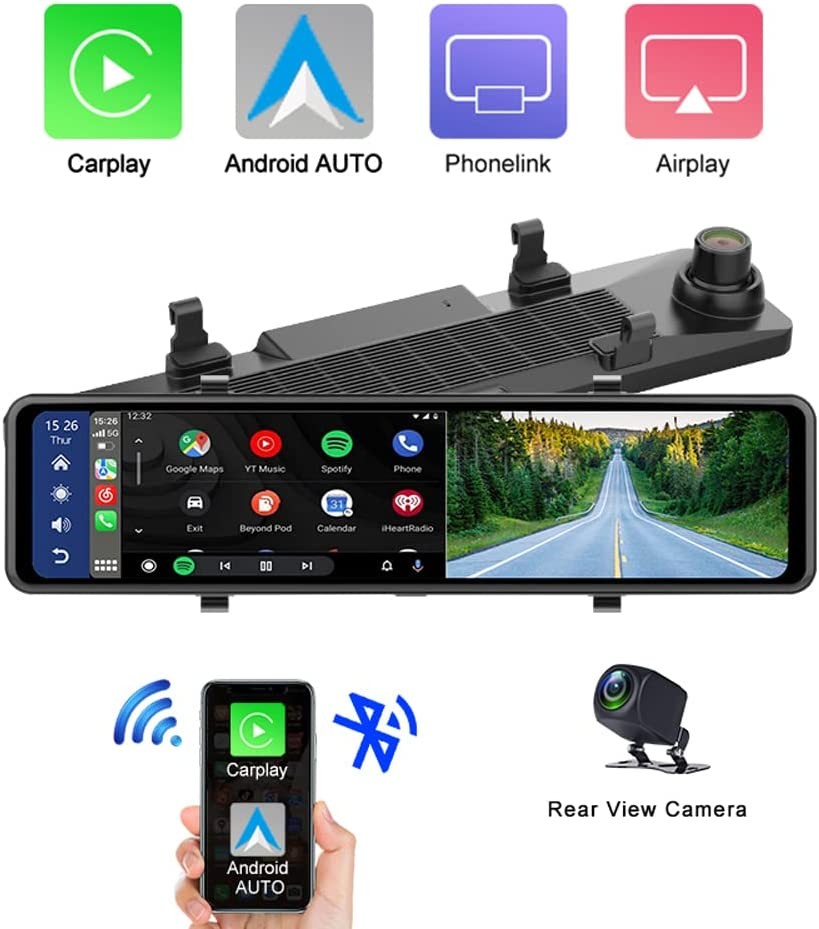Telecamera per specchietto retrovisore per auto con WiFi + Bluetooth +  display da 11 + telecamera per la retromarcia + supporto (Android auto/Carplay  iOS)