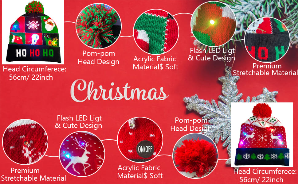 Berretti natalizi per l'inverno con vari design - Si illuminano con LED