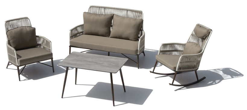 Esclusiva seduta da giardino con struttura in alluminio, corda sintetica e tavolo alto