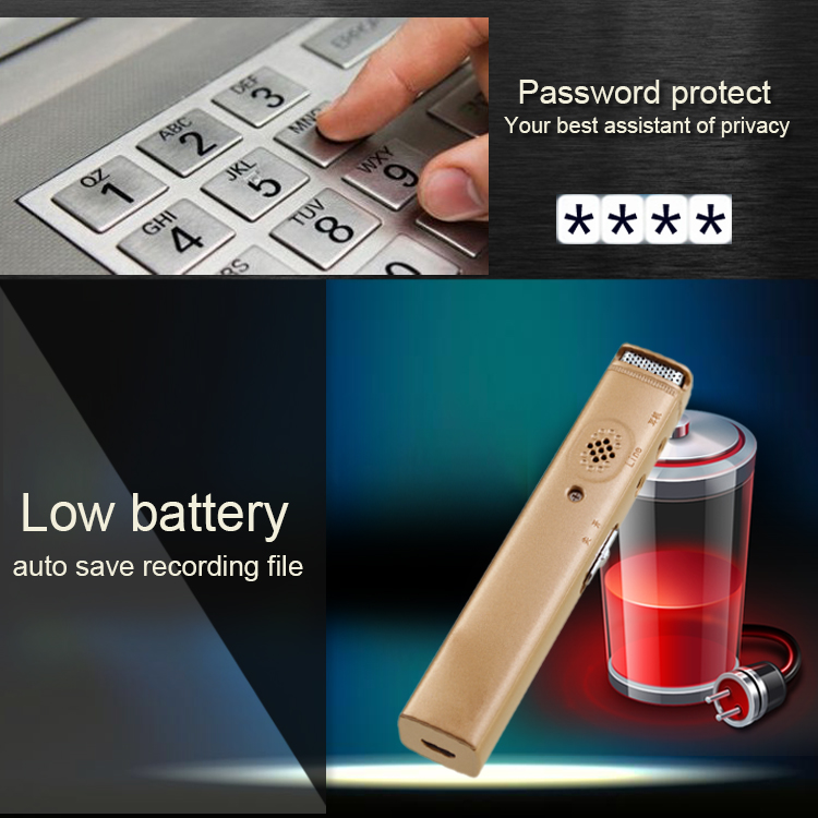 registratore vocale con protezione password e indicatore di batteria scarica